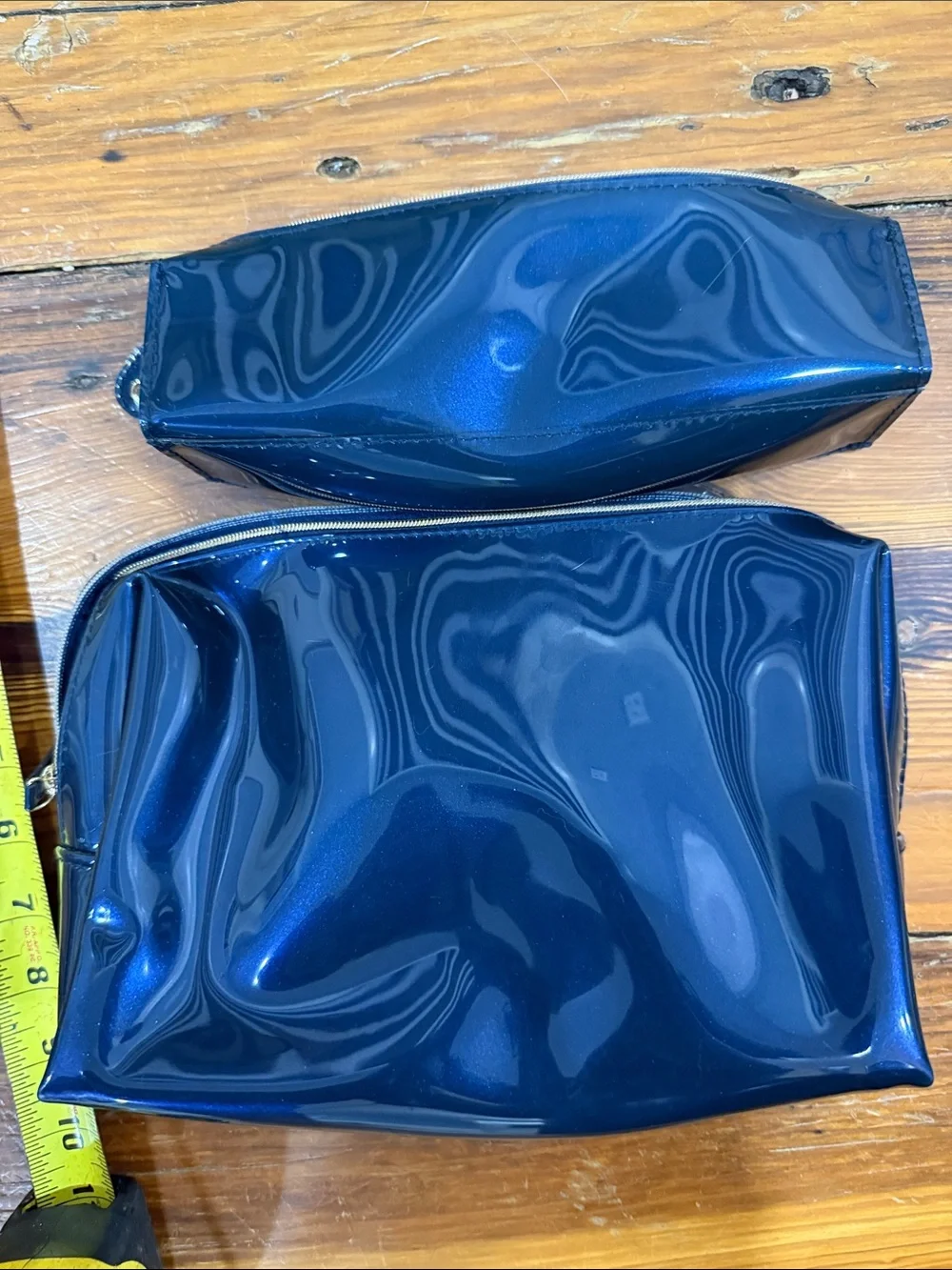 Ted Baker Navy Patent Cosmetic Pouch Set with Gold Bow and Blue Gem